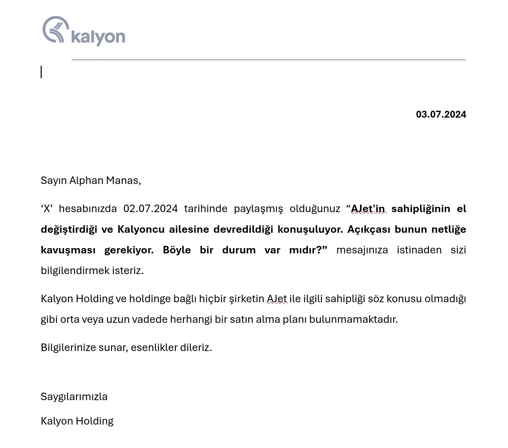 Kalyon Holding'den AJet Açıklaması 5 Temmuz 2024