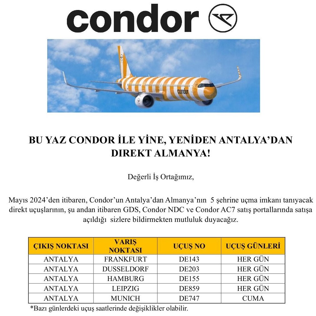 CONDOR İLE DİREKT ANTALYA'DAN ALMANYA'NIN 5 ŞEHRİNE UÇUŞLAR 10 Eylül 2024