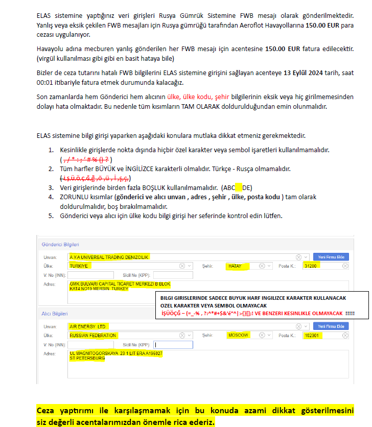 Rusya Gümrüğünden Cezai Uygulama: FWB Mesajlarındaki Eksik Bilgilere Dikkat! 19 Eylül 2024
