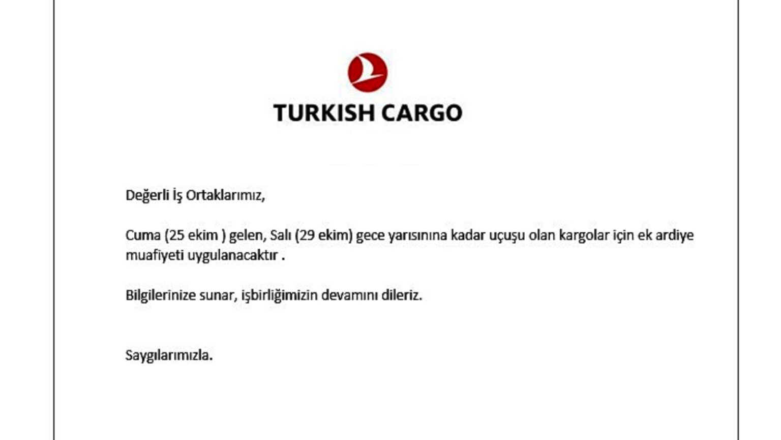 Turkish Cargo'dan İş Ortaklarına Özel Ardiye Muafiyeti! 21 Kasım 2024